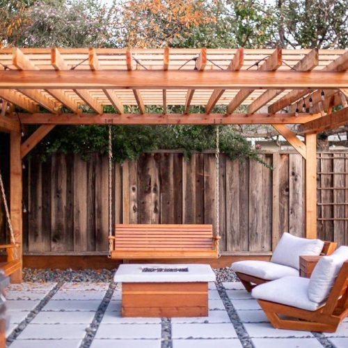 yardzen backyard traditional wood pergola firepit on paver patio 641b16ef4b9cd